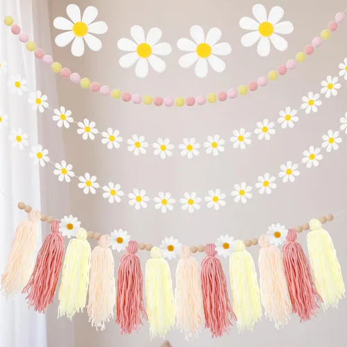 Vista 8 de Rtteri Paquete de 4 decoraciones de margaritas bohemias para fiestas, guirnalda de margaritas para el aula, diseño de flores hippie, con borlas