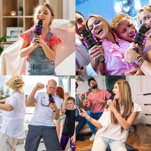 Vista 7 de Micrófono de karaoke BONAOK para niños y adultos - micrófonos Bluetooth con luces de disco, efecto eco, altavoz incorporado, reproductor de karaoke