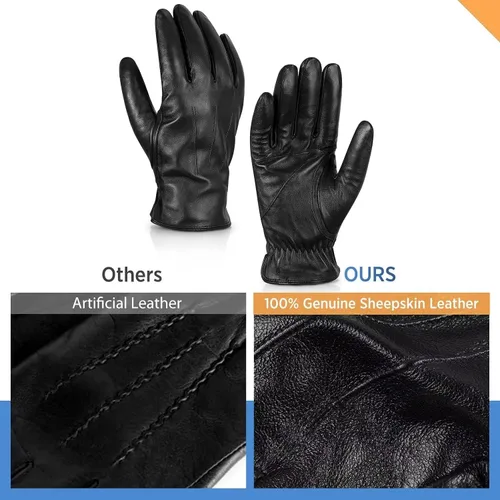 Vista 3 de Alepo Genuine Sheepskin Leather Gloves for Men, Winter Warm Touchscreen Texting Cashmere Lined Driving Motorcycle Gloves Militar