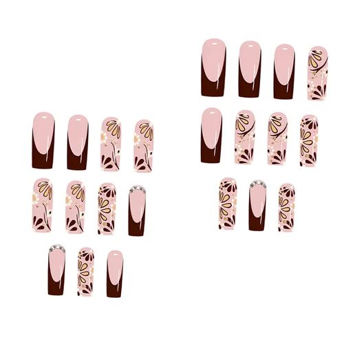 Vista 3 de IMSOHOT Uñas postizas largas cuadradas con diseños de flores, color marrón brillante, nude, uñas postizas de cobertura completa, puntas de uñas