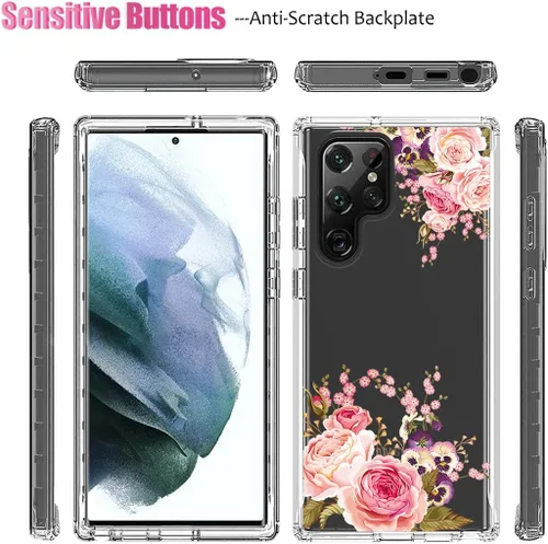 Vista 5 de Funda para Galaxy S22 Ultra, SM-S908U con protector de pantalla de vidrio templado, cuerpo completo transparente con protección de diseño floral