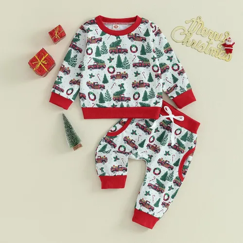 Vista 2 de SOLILOQUY Conjunto de sudadera de manga larga con estampado navideño para bebé niña y niño, 2 piezas