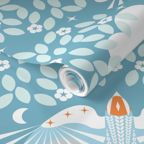 Vista 2 de Spoonflower Blue Sky Folk Art Pre-Pasted Removable Wallpaper Sample 12" x 24" Dreaming Scandi Scandinavian Mystical Water-activated, simple to
