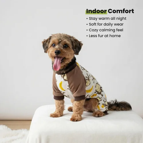 Vista 7 de Pijama para mascotas Fitwarm de algodón suave con estampado de monos, marrón, Marrón