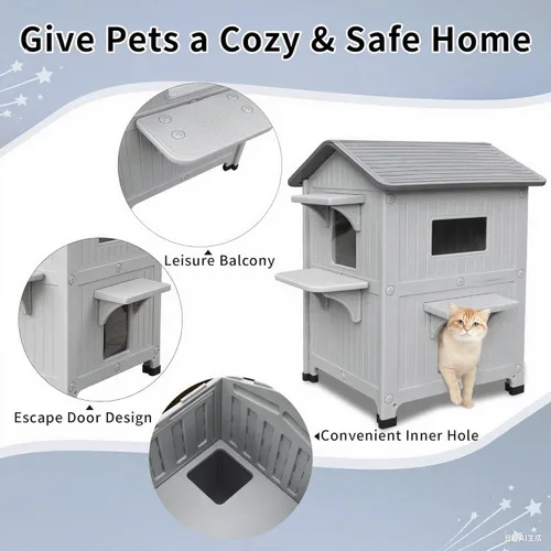 Vista 6 de Casa para gatos climatizada resistente a la intemperie para gatos ferales, refugio elevado de plástico aislado de 2 pisos con puerta de escape, Gris