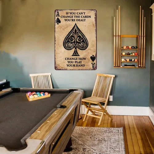 Vista 5 de Ace of Spades Poker - Cartel de metal con texto en inglés "Change Play", decoración de pared, arte de pared, decoración de habitación, pintura