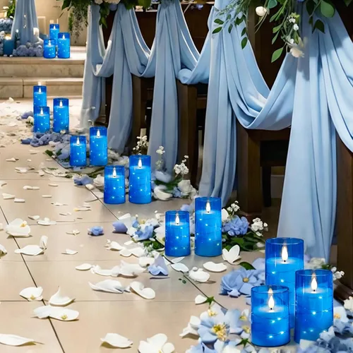 Vista 5 de Homemory Velas sin llama con cadena de estrellas incrustadas, velas que funcionan con pilas, velas LED, velas falsas con control remoto y Azul