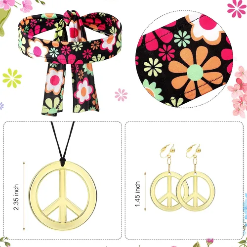Vista 3 de Haysandy Conjunto de disfraz hippie para niños, vestido hippie de los años 60 y 70, signo de la paz, accesorios de fiesta para carnaval, Halloween
