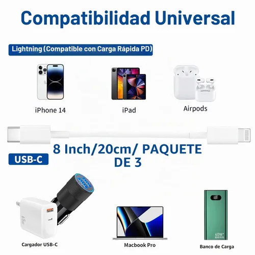 Vista 3 de [Certificado Apple MFi] Cable corto USB-C a Lightning (paquete de 3 0.6 pies), cable de carga rápida para iPhone, cable de carga USB-C de entrega