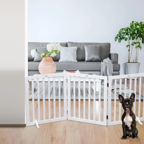 Vista 6 de Puerta para Perros de Madera Independiente para Mascotas de 3 Paneles de 23.6" de Altura Blanca Cercas Interiores para Perros, Puerta de Casa