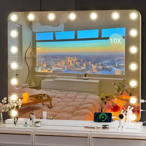 Vista 9 de Hasipu Espejo de tocador con luces, espejo de maquillaje de 32 x 24 pulgadas, espejo iluminado con 14 luces LED regulables y aumento de 10X, 3 modos