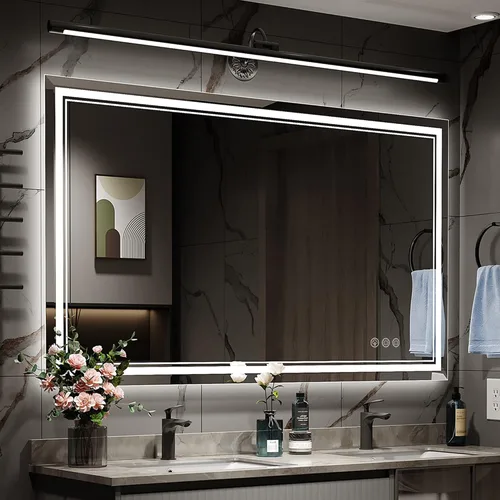 Vista 27 de Ratsamee Espejo de baño LED de 30x30 pulgadas con iluminación frontal y trasera (control independiente), espejo iluminado para pared de baño con 3