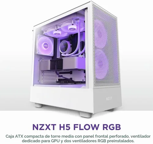 Vista 2 de NZXT H5 Flow RGB Estuche compacto ATX para juegos de PC de torre media – Panel frontal perforado de alto flujo de aire – Panel lateral de vidrio
