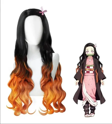 Vista 2 de Kamado Nezuko - Peluca de cosplay de Demon Slayer, fiesta de Halloween, anime Kimetsu sin personaje Yaiba, pelucas onduladas negras y naranjas