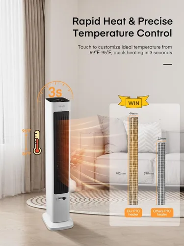 Vista 4 de FOHERE Ventilador de torre oscilante y calentador de espacio en uno para uso en interiores, ventilador de alta velocidad y calentador de seguridad