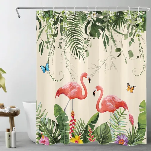 Vista 14 de EOBTAIN Cortina de ducha de hojas de plantas tropicales para baño, flamenco rosa y mariposa azul con hojas de palma en beige, cortina de ducha con 8