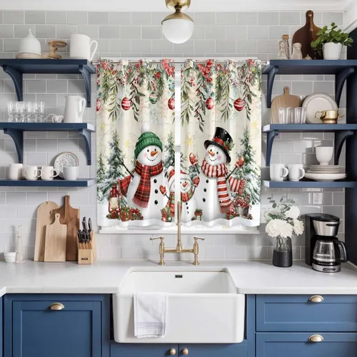 Vista 9 de Libaoge Cortinas de Navidad para cocina, dormitorio, juego de 2 paneles, diseño de muñeco de nieve de Navidad, cortinas de invierno con copos