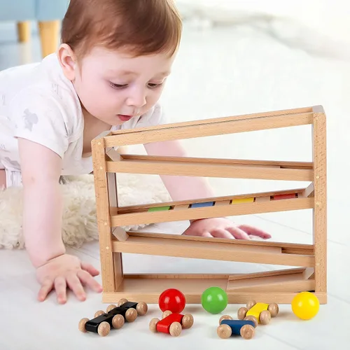 Vista 6 de Qilay Juguete de carreras de madera para niños pequeños, juego de rampa de coche de carreras de 5 niveles incluye 4 autos de madera y 3 pelotas