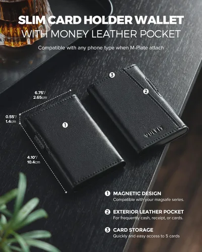 Vista 6 de VULKIT Cartera magnética para tarjetas de teléfono, funda delgada de cuero desplegable con bloqueo NFC/RFID, compatible con iPhone serie Negro