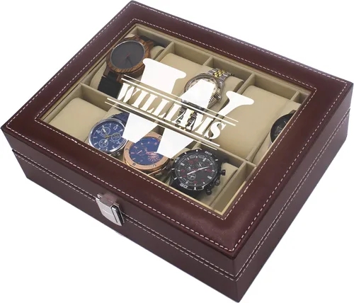 Vista 3 de My Personal Memories, Caja de almacenamiento personalizada para relojes, nombre inicial, regalo del día del padre, grabado (marrón)