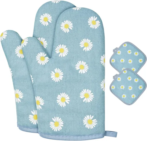 Vista 15 de AUAUY Guantes de horno y soportes para ollas Juego de 6 piezas, guantes de cocina resistentes al calor de 392°F y almohadillas térmicas Guantes