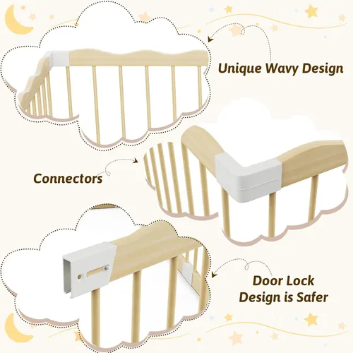Vista 3 de Corralito de madera para bebés y bebés, corralito de madera ondulada de 65 x 65 pulgadas, corralito para puerta de bebé con 30 bolas oceánicas