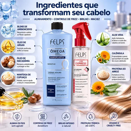 Vista 4 de Felps Professional Ômega Zero Sensitive Nanoplastia Thermal Sealing, 1L with Liss Express Heat Protector Spray, 7.78 fl oz