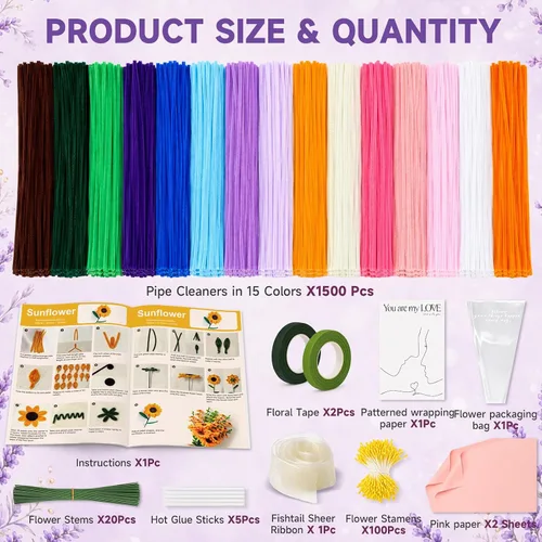 Vista 2 de 1500 PCS Pipe Cleaners Bulk, 15 Colors Thick Pipe Cleaner Flower Making Kit