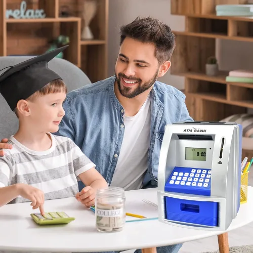 Vista 2 de Toy Talking ATM Bank - Caja de ahorros para niños, funciona como un depósito real, retiro, tarjeta de débito, objetivo de ahorro, temporizador y Azul