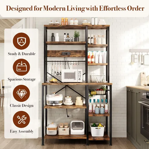Vista 14 de GRUSIGN Estante para hornear de cocina con almacenamiento, estación de barra de café de 6 niveles con toma de corriente, soporte para microondas