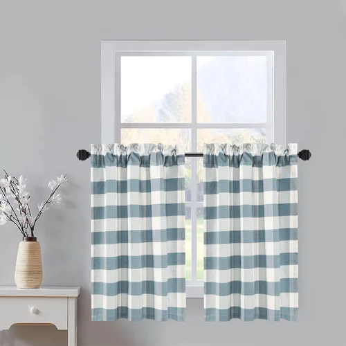 Vista 21 de VOGOL Cenefa de cuadros marrón con textura de lino para dormitorio, sala de estar, diseño de bolsillo para barra, fácil de colgar, 52 x 12 pulgadas