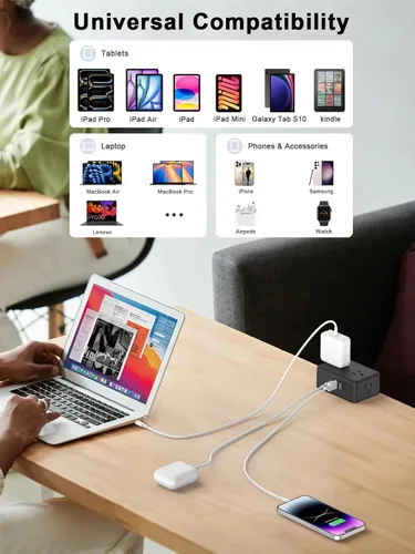 Vista 6 de Regleta de alimentación de abrazadera de escritorio 4AC salida 2 puertos USB-C, 2 puertos USB-A Desk Edge Mount Outlet Surge Protector Outlet