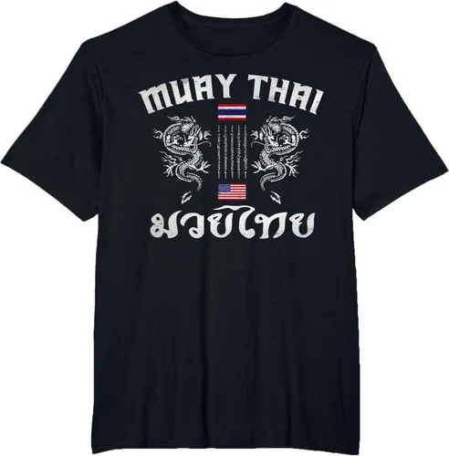 Vista 42 de Camiseta de equipo de entrenamiento de boxeo Muay Thai con bandera estadounidense de Tailandia, Negro, S