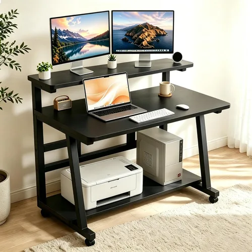 Vista 2 de Escritorio compacto de 31.5 pulgadas para computadora con mesa de trabajo de niveles y ruedas con bloqueo, escritorio pequeño para dormitorio
