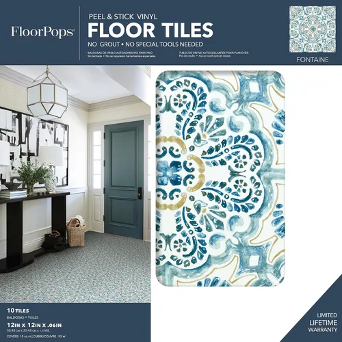 Vista 2 de FloorPops FP2477 Fontaine - Azulejos de suelo Peel & Stick, color azul