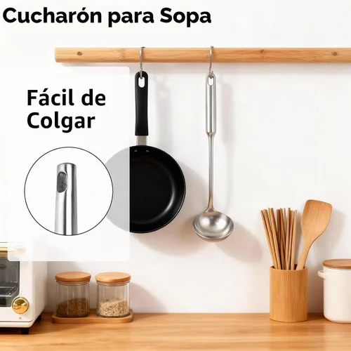 Vista 5 de TBWHL Cucharón de Sopa de Metal 34 cm de Acero Inoxidable 304 con Mango Largo - Cucharón de Cocina Profesional con Mango Ergonómico y Equilibrio