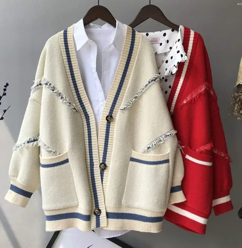 Vista 2 de DBM - Cárdigan de punto con flecos de rayas de color de contraste suelto para mujer con bolsillo
