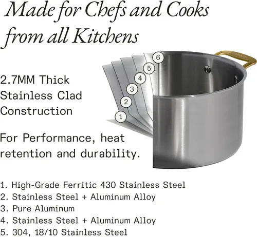 Vista 3 de Made In Cookware - 8 Quart Stainless Steel Stock Pot With Lid (Antique Brass Handle) - 5 Ply Stainless Clad - Professional Cookware - Crafted in