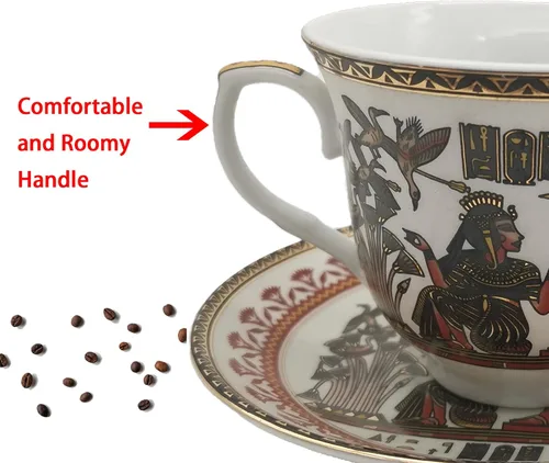 Vista 8 de Juego de tazas y platillos de café expreso de cerámica dorada egipcia, taza Demitasse de 3.4 oz/3.4 fl oz, regalo de porcelana para cumpleaños
