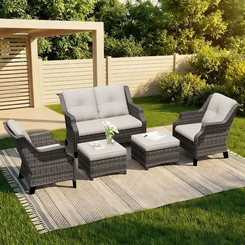 Vista 64 de Sofá de mimbre para patio al aire libre, sofá de 3 plazas, sofá de ratán con asiento profundo y cojines de olefina, respaldo alto, todo tipo de Beige