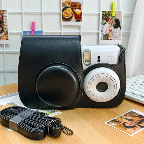 Vista 3 de Funda de piel sintética compatible con cámara instantánea Fujifilm Instax Mini 11 12 con correa ajustable y bolsillo (negro)