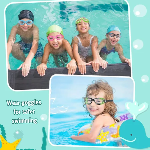 Vista 6 de Paquete de 6 gafas de natación antivaho con marco de silicona suave sin fugas, gafas de natación anti UV con 6 clips para la nariz, 6 tapones