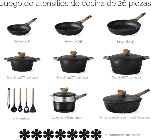 Vista 2 de CAROTE Juego de 26 piezas de ollas y sartenes antiadherentes, juego de utensilios de cocina ollas y sartenes de inducción, cocina antiadherente