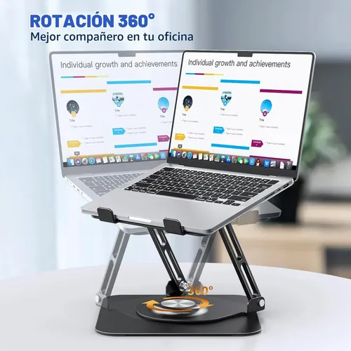 Vista 2 de Soporte para computadora portátil para escritorio, soporte de computadora ajustable con base giratoria de 360°, elevador ergonómico para computadora