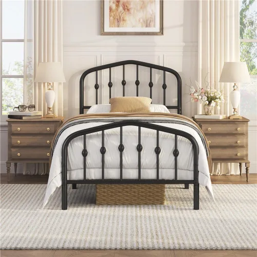 Vista 13 de Yaheetech - Base de cama metálica de tamaño individual con plataforma de cama de metal con cabecero y estribo de estilo victoriano/Fácil montaje/Sin