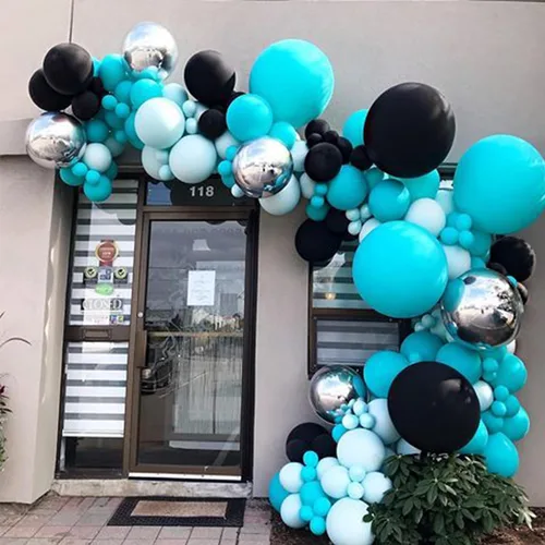 Vista 6 de Kit de arco de globos color verde azulado, globos blancos y negros, lámina de estrella plateada, perfecto para cumpleaños, bodas, baby shower