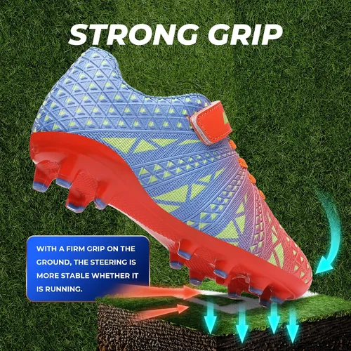 Vista 4 de ASHION Botines de fútbol unisex para niños y niñas, para césped firme, sin atar, zapatos de fútbol duraderos
