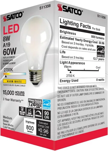 Vista 6 de Satco Bombilla LED A19 de 8 W, 2700 K, blanco suave, 800 lúmenes, base media E26, regulable, haz de 320 grados, accesorio cerrado nominal de 120 V