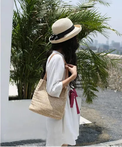 Vista 3 de Aphoraeny Bolsa de playa de paja para mujer, bolsa de hombro, bolso de mano para mujer