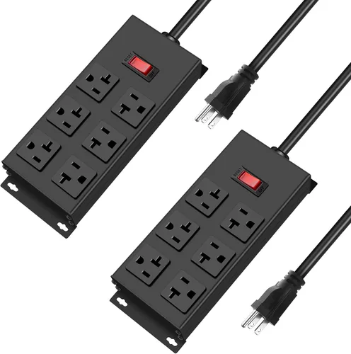 Vista 8 de JUNNUJ Regleta de alimentación resistente de 20 amperios, garaje 6 salidas de metal calibre 12, protector de sobretensiones 3000J, adaptador 5-15P